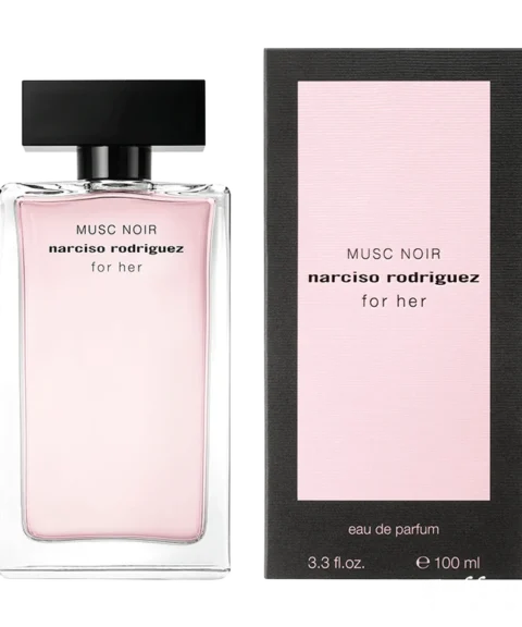 Narciso Rodriguez Musc Noir EDP 100 ml vapo – flacone trasparente con liquido rosa e tappo nero su sfondo neutro