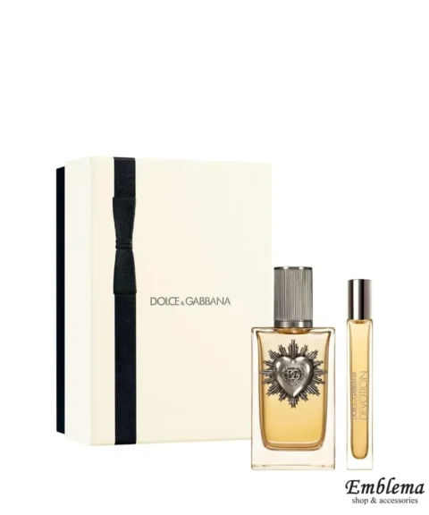Dolce & Gabbana Devotion Pour Homme coffret – confezione EDP 100ml più mini spray 10ml su sfondo bianco