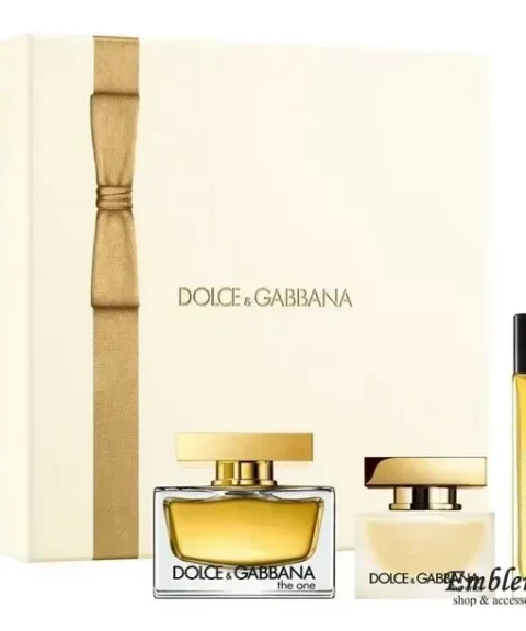 Dolce & Gabbana The One coffret EDP 75 ml + mini spray 10 ml + profumo capelli 30 ml – confezione rossa e oro su sfondo bianco