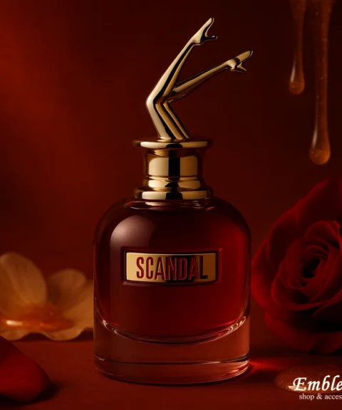 Jean Paul Gaultier Scandal EDP 80 ml vapo – atmosfera sensuale con flacone dorato su sfondo rosso intenso e dettagli di miele e petali, mood audace e femminile